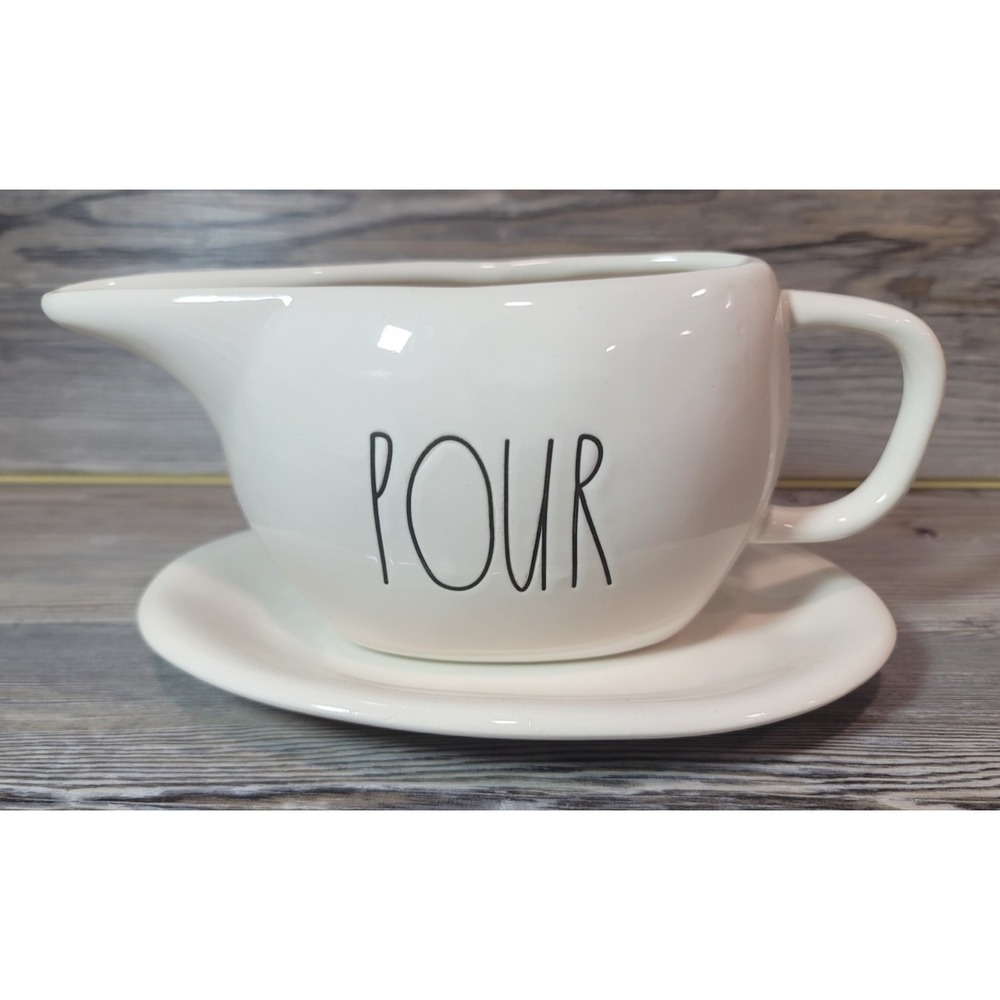 rae dunn gravy boat by magenta off white two piece says POUR excellent